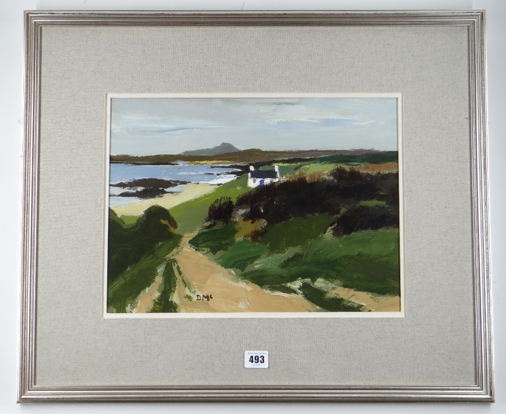 DONALD MCINTYRE acrylic - whitewashed cottage in landscape, entitled verso 'Holyhead Mountain', - Image 2 of 2