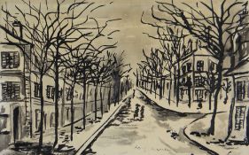 ATTRIBUTED TO JOSEF HERMAN OBE RA inkwash on paper - tree lined street with figures, entitled