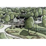 ALAN WILLIAMS acrylic - road bridge and cottages, entitled verso 'Little Mill, Dyfed', signed, 25