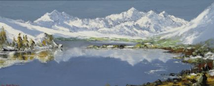 CHARLES WYATT WARREN oil on board - expansive view of lake and snow capped mountains, entitled verso