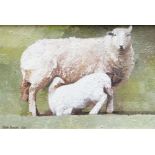 KEITH BOWEN oil on canvas - ewe with feeding lamb, signed and dated 1990, 20 x 29.5cms Provenance: