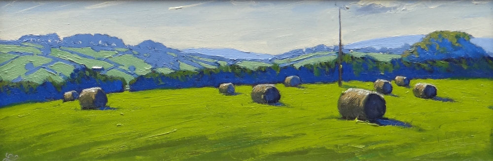 THOMAS HASKETT oil on board - landscape with hay bales, entitled verso 'Round Bales near Penrhos',