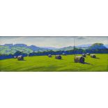 THOMAS HASKETT oil on board - landscape with hay bales, entitled verso 'Round Bales near Penrhos',