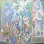 LAURIE WILLIAMS oil on canvas - semi-abstract church interior with animals and figures, ascending