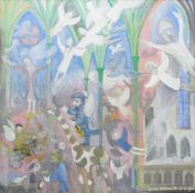 LAURIE WILLIAMS oil on canvas - semi-abstract church interior with animals and figures, ascending