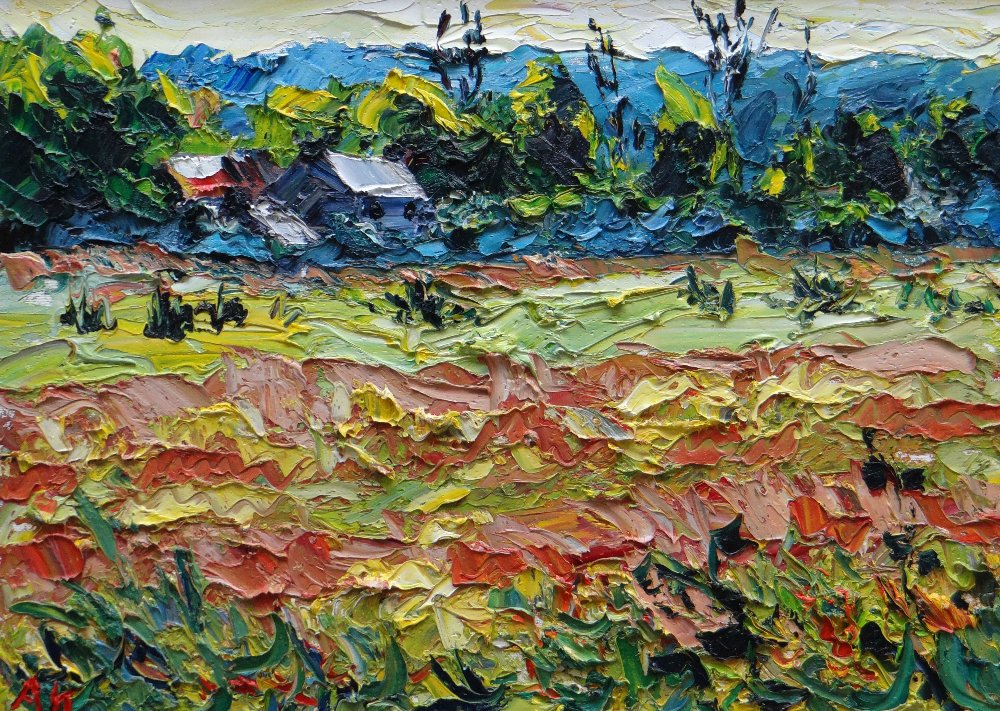 ALAN KNIGHT thick impasto oil on canvas - colourful landscape with farm and building, entitled verso