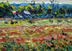 ALAN KNIGHT thick impasto oil on canvas - colourful landscape with farm and building, entitled verso