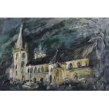 MATT STEELE oil on canvas - view of Llandaff Cathedral from the South, signed, 50 x 73cms