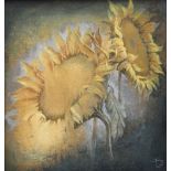 BRYAN JONES acrylic on canvas - two sunflower heads, entitled verso on Attic Gallery label '