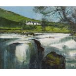 HYWEL HARRIES oil on board - view of Fferm Pwll Bo near Llanwrtyd Wells with Afon Irfon (River