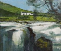 HYWEL HARRIES oil on board - view of Fferm Pwll Bo near Llanwrtyd Wells with Afon Irfon (River