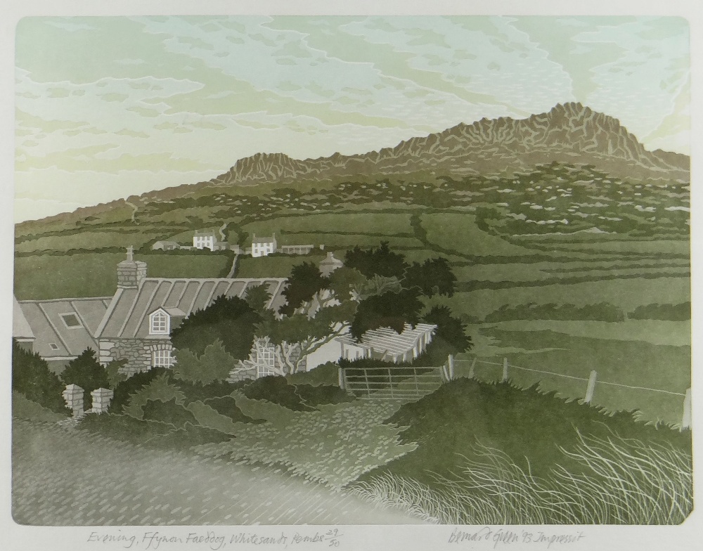 BERNARD GREEN limited edition (29/50) linocut - entitled in pencil 'Evening, Ffynon Faedog, White