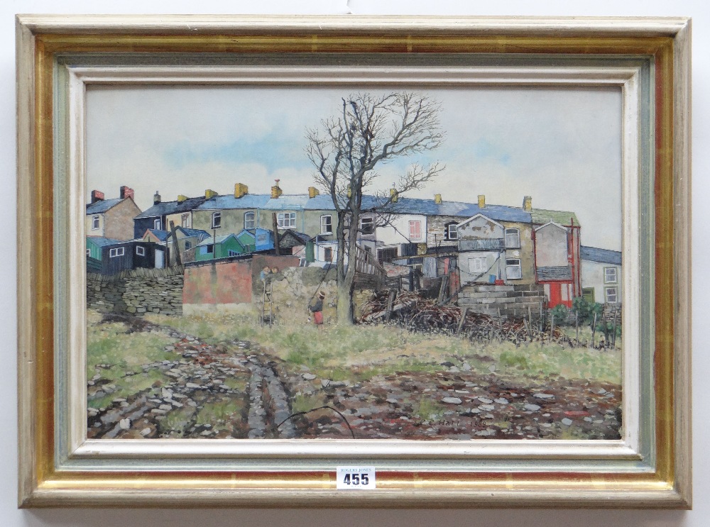 CHRISTOPHER HALL oil on board - back of south Wales terraced houses with three children at play, - Image 2 of 2