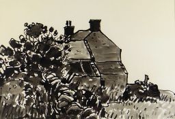 SIR KYFFIN WILLIAMS RA inkwash - house with trees, entitled verso on Thackeray Gallery label '