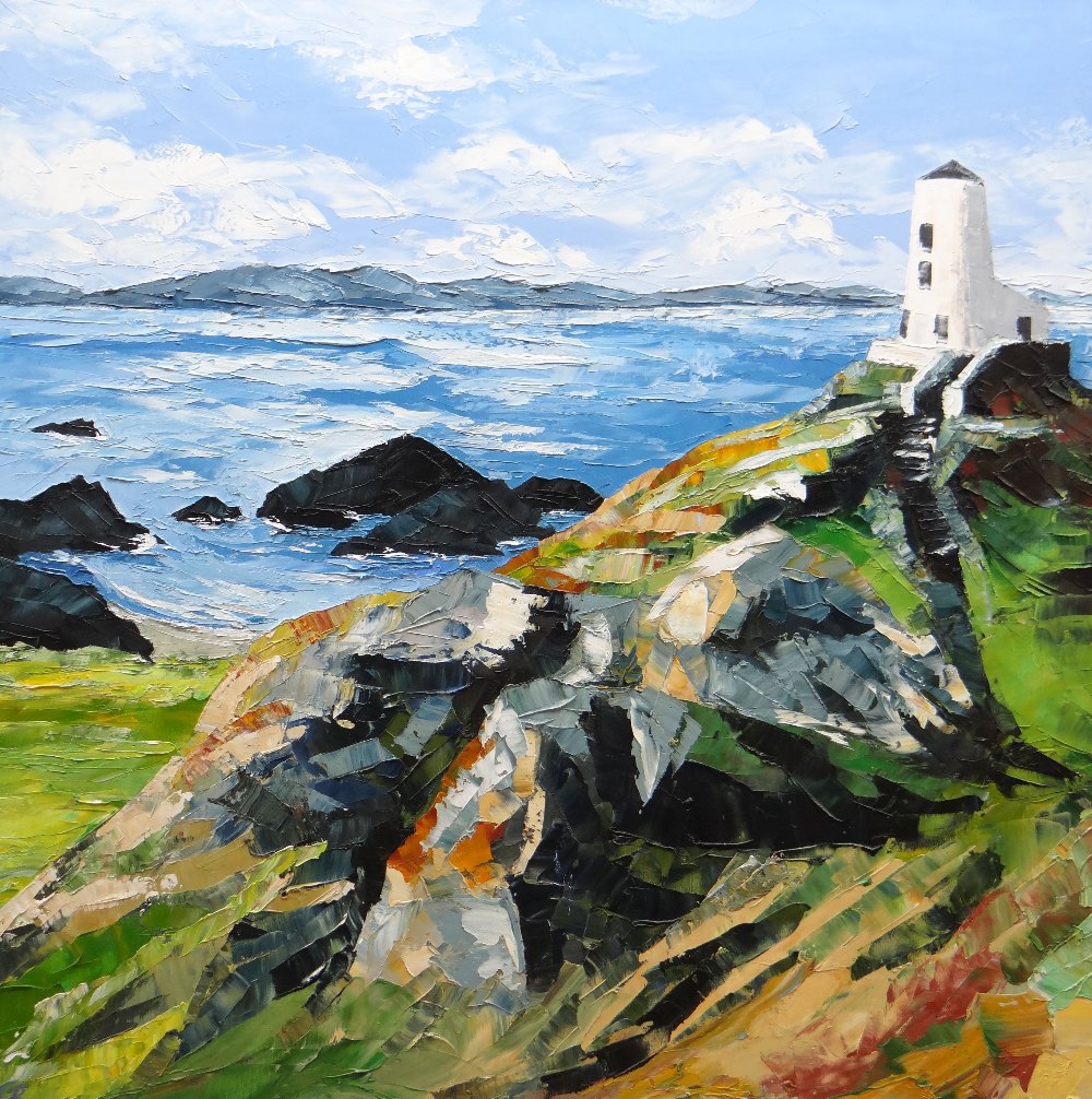 GWYN ROBERTS large oil on canvas - Ynys Mon coastal scene with historic lighthouse, entitled