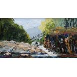 J GLYN ROBERTS oil on board - Eryri river with footbridge, signed, 29 x 54cms Provenance: private