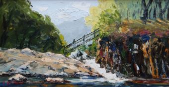 J GLYN ROBERTS oil on board - Eryri river with footbridge, signed, 29 x 54cms Provenance: private