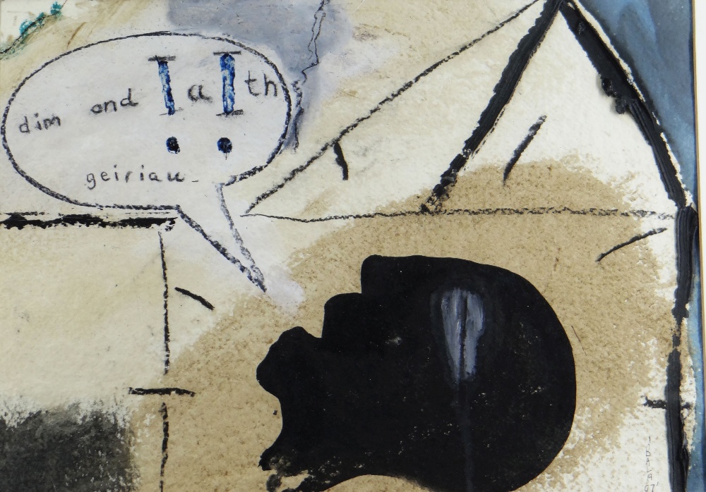 IWAN BALA mixed media on paper - head with speech bubble, entitled 'Dim Ond Geiriau' (Nothing but