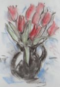 WILL ROBERTS pastel - still life of tulips in a black jug, unsigned, 40 x 28cms Provenance: