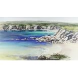NAOMI TYDEMAN watercolour - view over cliff top at Barafundle Bay, signed, 30 x 53cms Provenance: