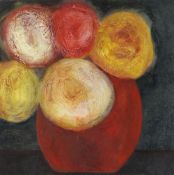 VIVIENNE WILLIAMS mixed media - still life of roses in a red bowl, entitled verso on Martin Tinney