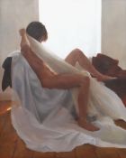 DAVID KNIGHT oil on board - nude with white sheet, signed, 74 x 58cms Provenance: private