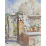 SIR FRANK BRANGWYN RA watercolour and ink on note paper - title verso 'Colonnade with Pots and