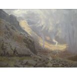 DAVID WOODFORD oil on canvas - southern Eryri landscape with gorse fires below the crags at Craig
