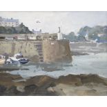 GARETH THOMAS oil on board - Welsh harbour scene, entitled verso 'Cemaes Bay', signed, 23.5 x
