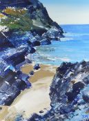 SIAN MCGILL oil - sandy cove with rocky cliffs, entitled verso on Albany Gallery label 'Mewslade,