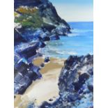 SIAN MCGILL oil - sandy cove with rocky cliffs, entitled verso on Albany Gallery label 'Mewslade,