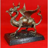 TOM HUGHES bronze and steel sculpture - rampant dragon with one leg raised on a steel square base,