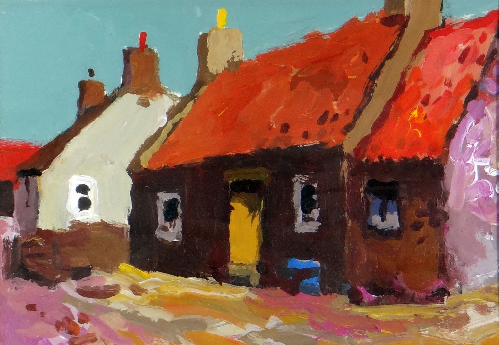 DONALD MCINTYRE acrylic - entitled verso 'Cottages Cullen No.6', signed verso to label, 17 x 26cms