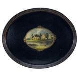 A GOOD EARLY 19TH CENTURY PONTYPOOL WARE OVAL TIN TRAY having a centred painting of a view of 'Neath