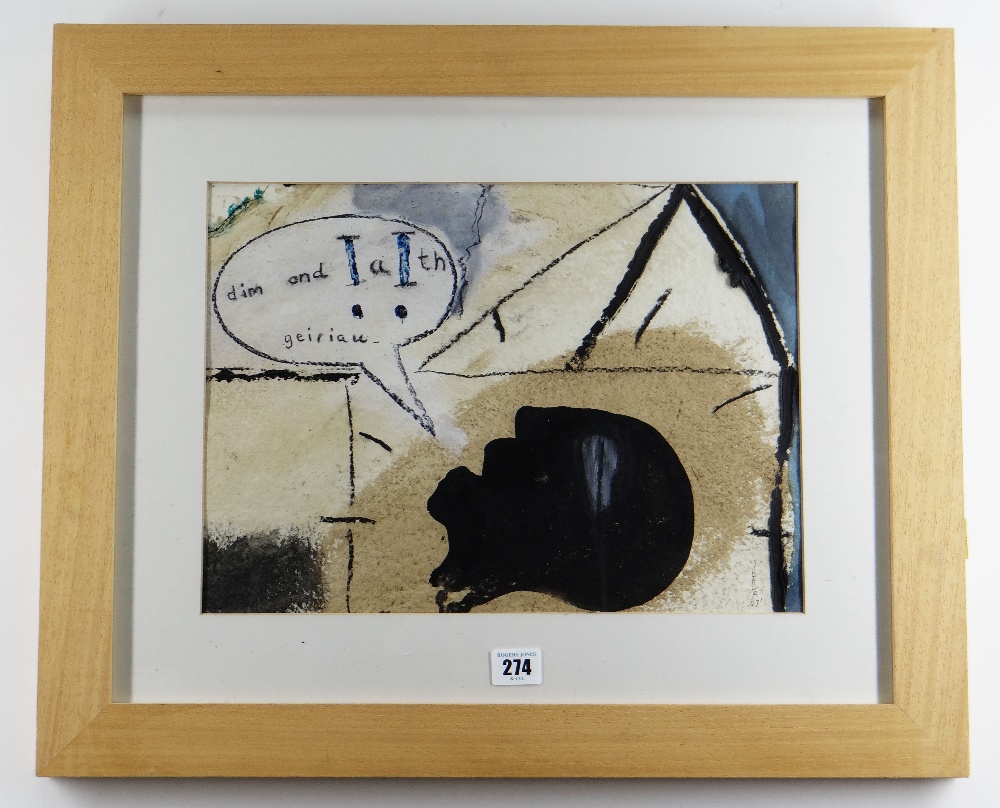 IWAN BALA mixed media on paper - head with speech bubble, entitled 'Dim Ond Geiriau' (Nothing but - Image 2 of 2