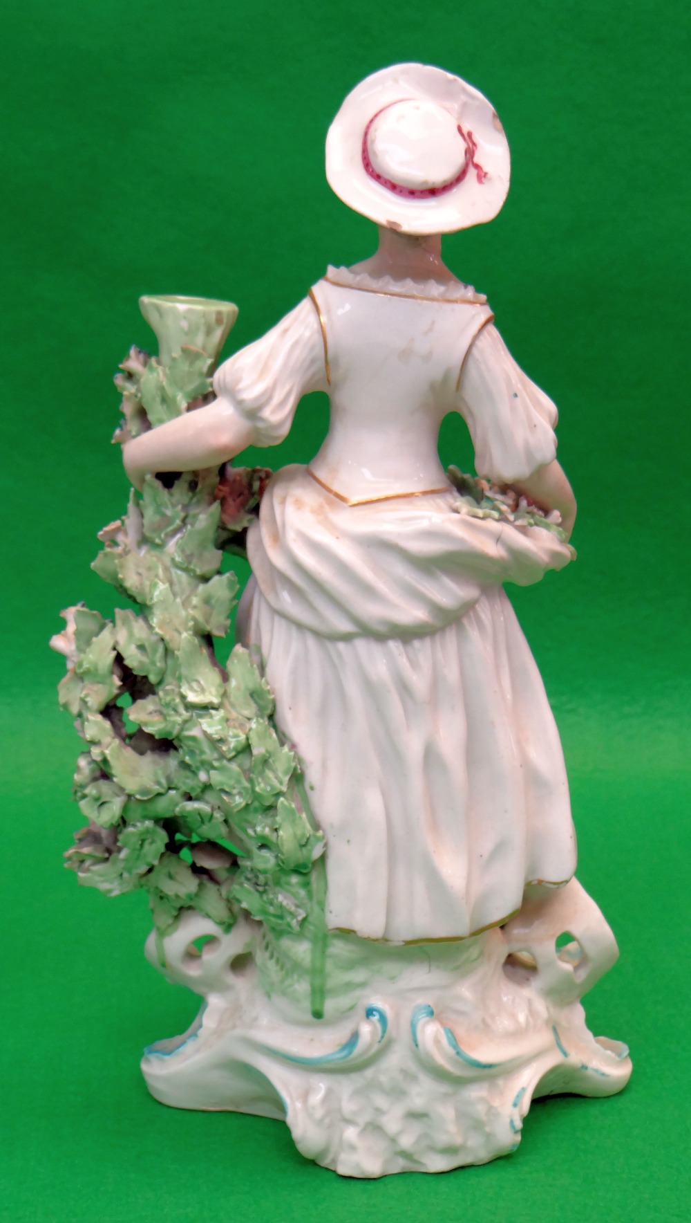 PAIR LATE 18TH CENTURY PORCELAIN CANDLESTICK FIGURES, probably Chelsea-Derby c. 1770, she holding - Image 4 of 7