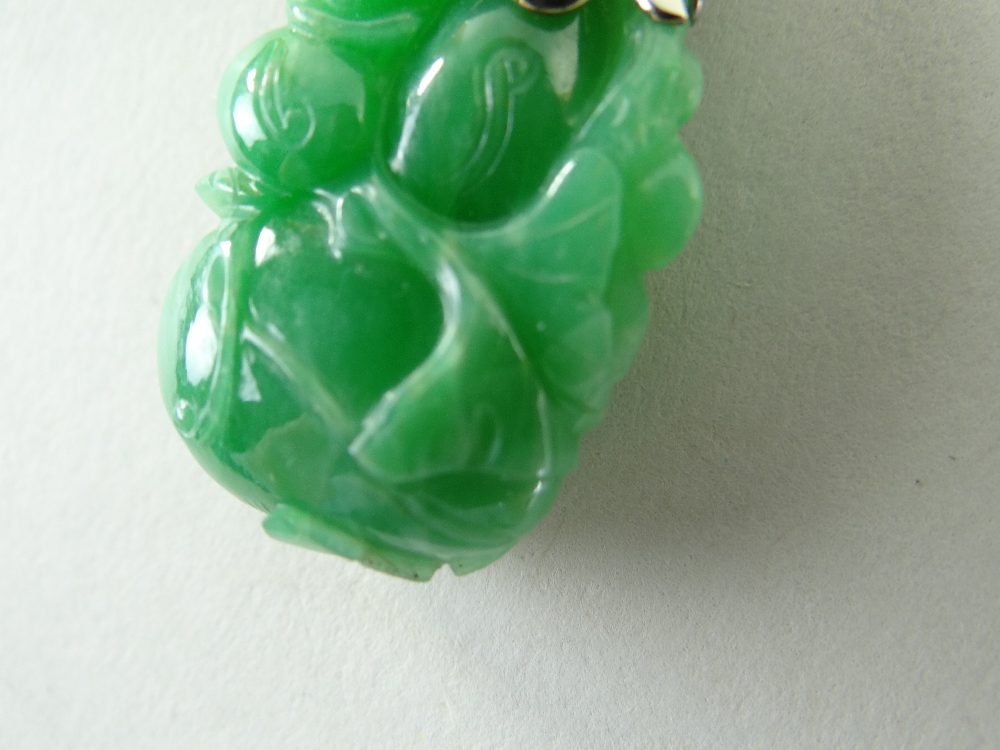 CARVED CHINESE JADEITE LEAFY GOURD PENDANT, later mounted with three rows of tiny diamonds and two - Image 11 of 16