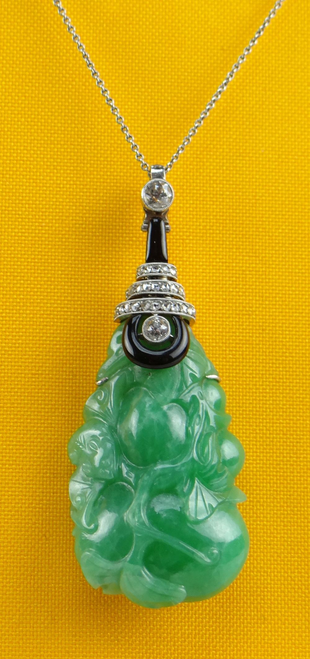 CARVED CHINESE JADEITE LEAFY GOURD PENDANT, later mounted with three rows of tiny diamonds and two - Image 3 of 16