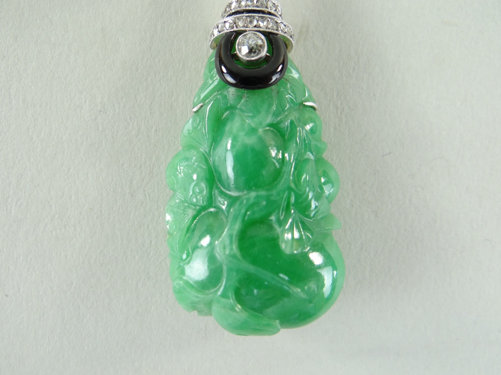 CARVED CHINESE JADEITE LEAFY GOURD PENDANT, later mounted with three rows of tiny diamonds and two - Image 7 of 16