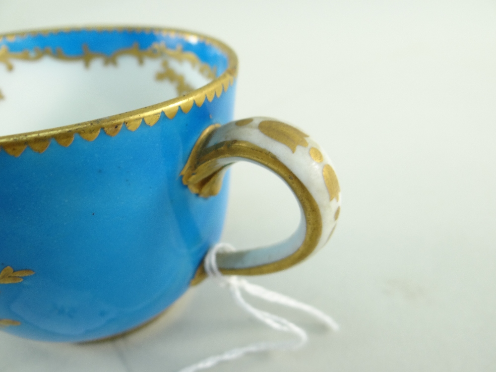 TWO SEVRES-STYLE PORCELAIN BLEU CELESTE TEA CUPS AND SAUCERS, 19th Century or later, decorated - Image 34 of 45