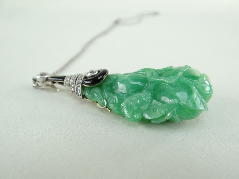 CARVED CHINESE JADEITE LEAFY GOURD PENDANT, later mounted with three rows of tiny diamonds and two - Image 6 of 16
