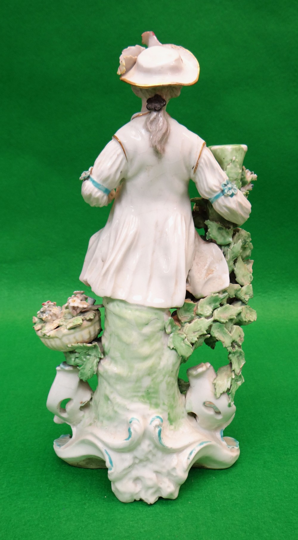 PAIR LATE 18TH CENTURY PORCELAIN CANDLESTICK FIGURES, probably Chelsea-Derby c. 1770, she holding - Image 7 of 7