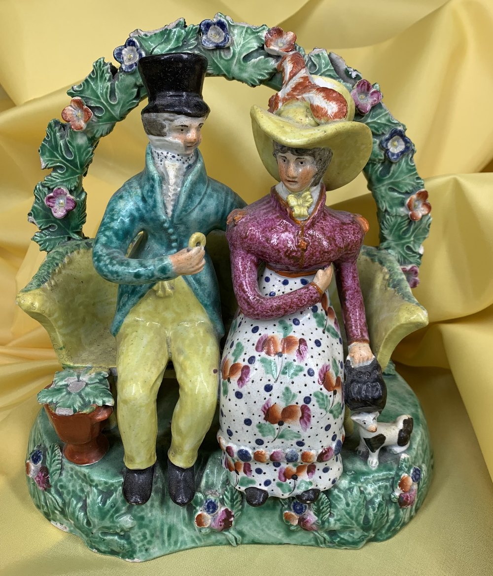 19TH CENTURY SHERRATT TYPE STAFFORDSHIRE PEARLWARE FIGURAL GROUP, 'The Proposal' or 'Courtship',