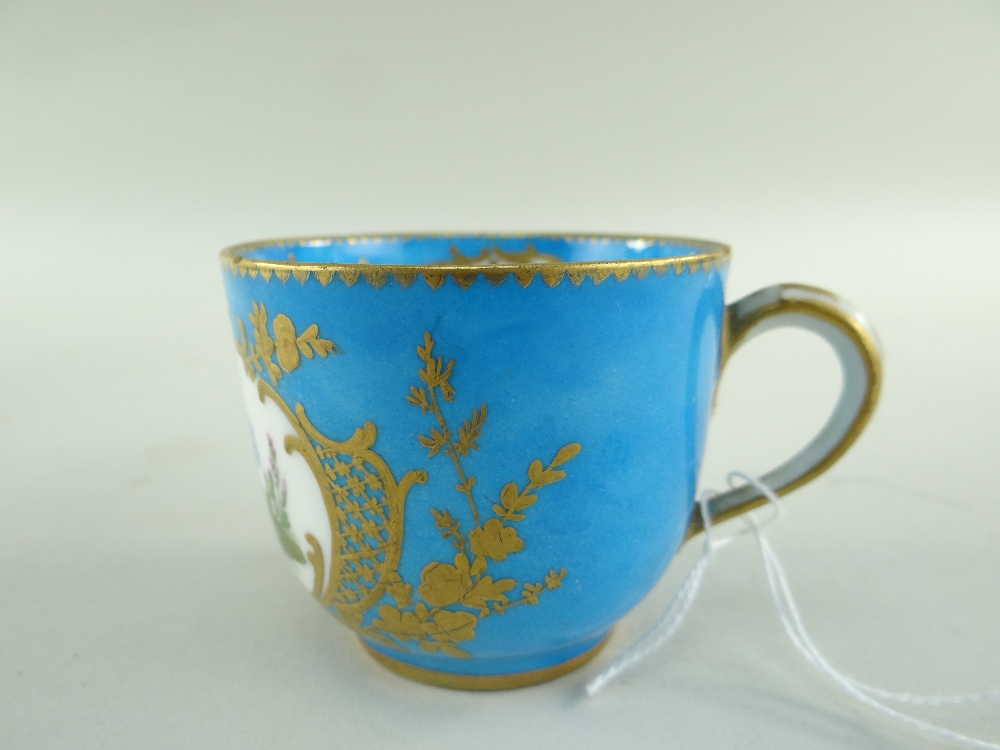 TWO SEVRES-STYLE PORCELAIN BLEU CELESTE TEA CUPS AND SAUCERS, 19th Century or later, decorated - Image 33 of 45