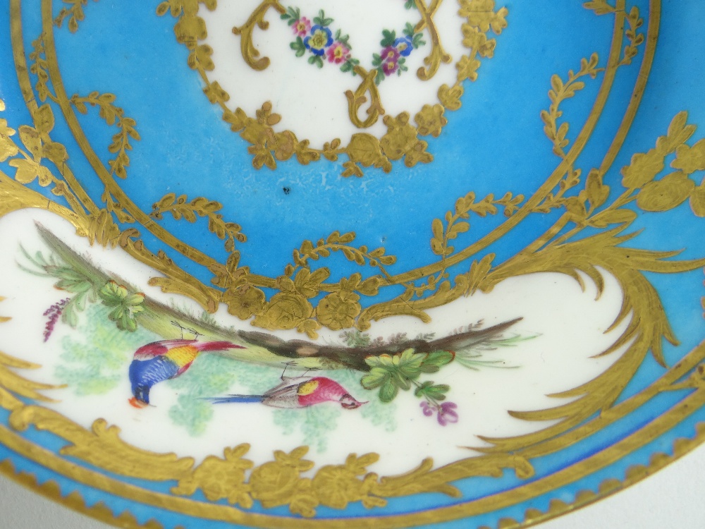 TWO SEVRES-STYLE PORCELAIN BLEU CELESTE TEA CUPS AND SAUCERS, 19th Century or later, decorated - Image 12 of 45