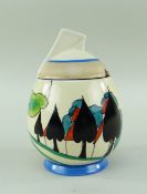 RARE CLARICE CLIFF 'MAY AVENUE' PRESERVE JAR, with associated cover, daffodil shape, printed factory