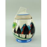 RARE CLARICE CLIFF 'MAY AVENUE' PRESERVE JAR, with associated cover, daffodil shape, printed factory