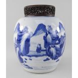 CHINESE BLUE & WHITE PORCELAIN 'SCHOLARS AND LANDSCAPE' JAR, Kangxi, of ovoid form, painted with a