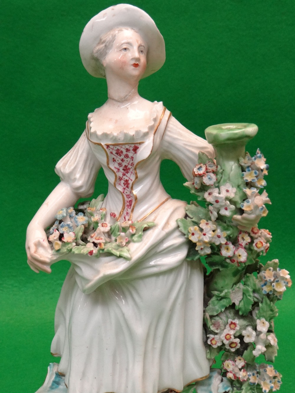 PAIR LATE 18TH CENTURY PORCELAIN CANDLESTICK FIGURES, probably Chelsea-Derby c. 1770, she holding - Image 2 of 7