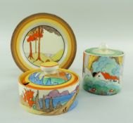 THREE CLARICE CLIFF ITEMS comprising 'Forest Glen' preserve jar & cover, 7.5cms high; 'Coral Firs'